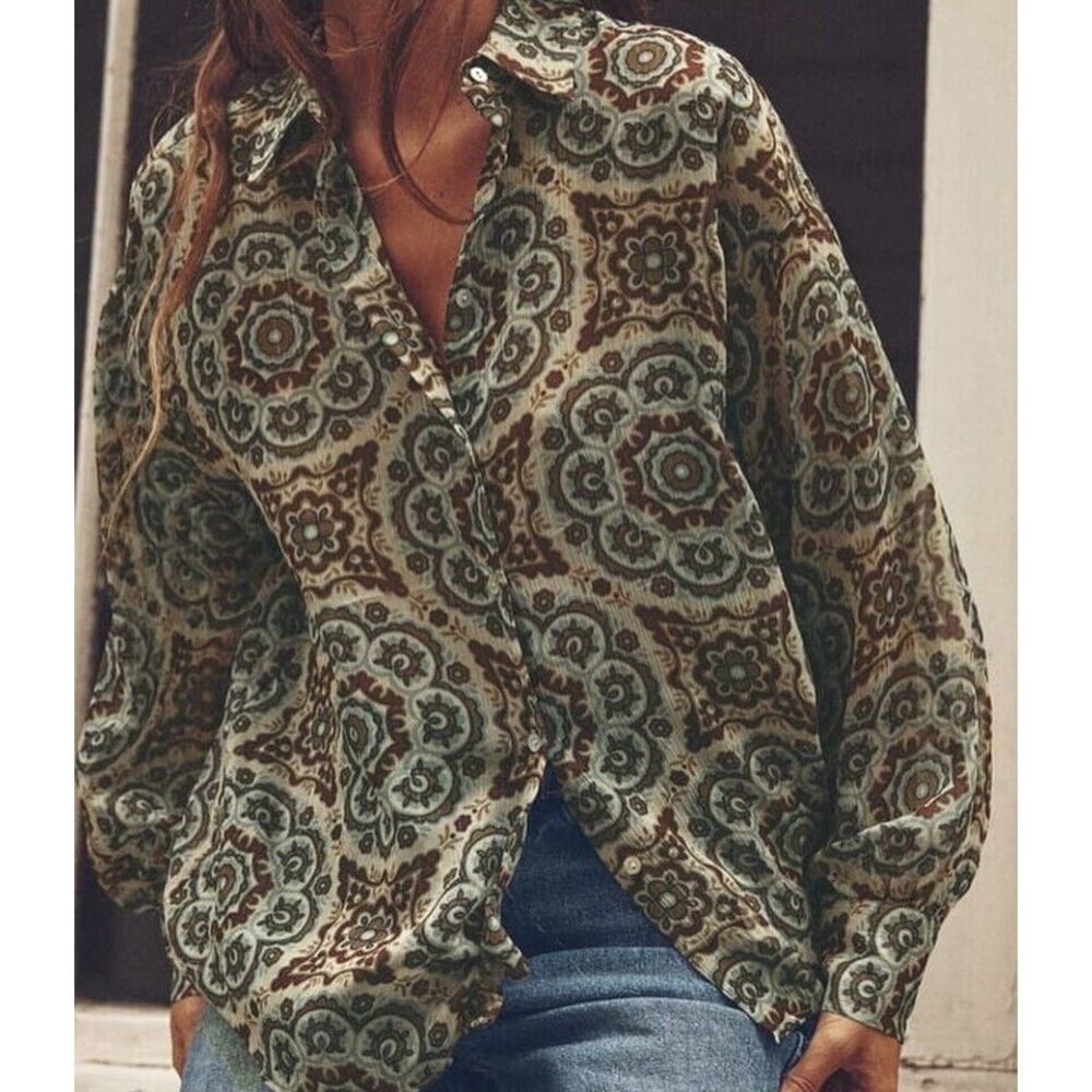 Zara Top S Paisley Collar Blouse Business Women Long Button Down‎ Sheer Mandala